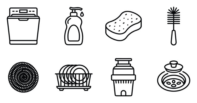 Dishwasher liquid soap sponge toilet brush scrubber dish rack garbage disposal drain.