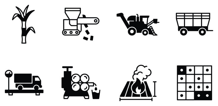 Crop harvesting and processing icons for corn and grain agriculture production.