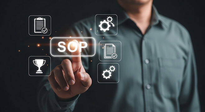 Businessman touching SOP button with standard operating procedure business icons