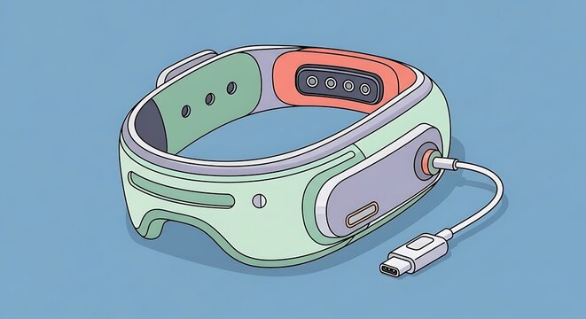 A green smartwatch with orange accents and a USB charging cable attached