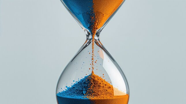 Blue and orange sand flowing through hourglass time management concept