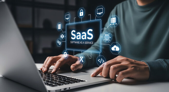 Person using laptop with SaaS Software as a Service cloud computing icons