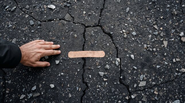 Hand placing bandage on cracked asphalt surface repair concept