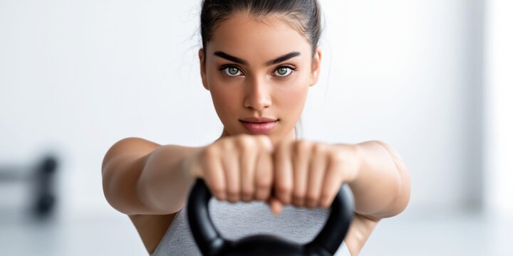 Fit woman holding a kettlebell with both hands, focused on her workout