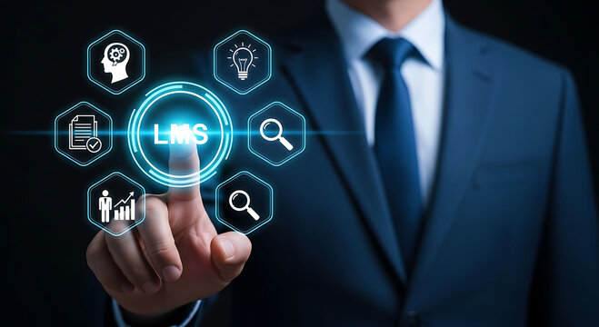 Businessman touching LMS icon for learning management system and online education