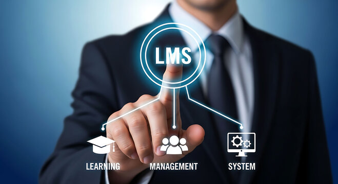 Businessman pointing at LMS learning management system virtual interface on blue