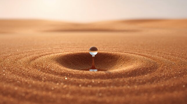 Single water droplet falling into golden desert sand creating ripple impact crater scarcity concept