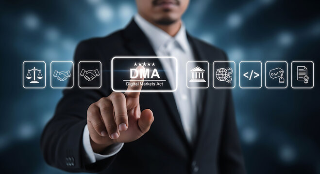 Businessman pointing to Digital Markets Act DMA icon for compliance and regulation