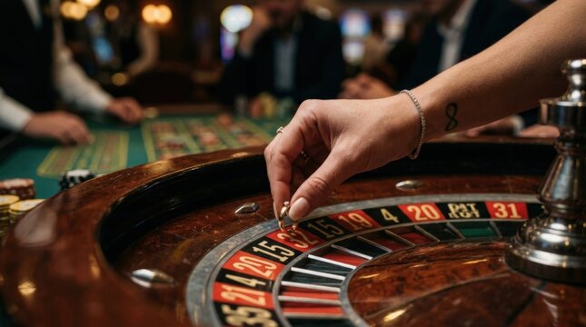 Symbolic hand placing wedding ring on roulette wheel