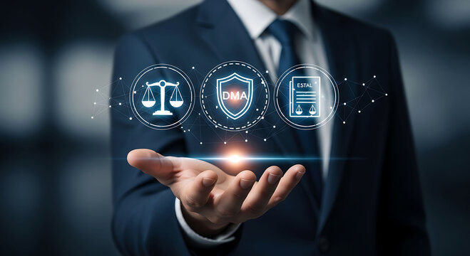 Businessman holding digital marketing act DMA and legal compliance shield icons