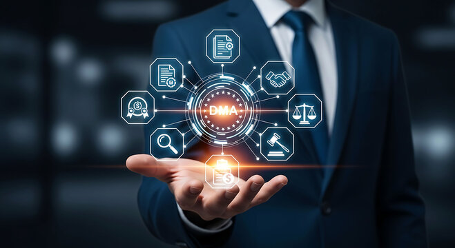 Businessman holding digital marketing act DMA icon for compliance and regulation