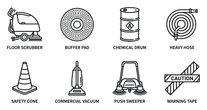 Professional commercial cleaning and industrial floor maintenance equipment line icon collection set.