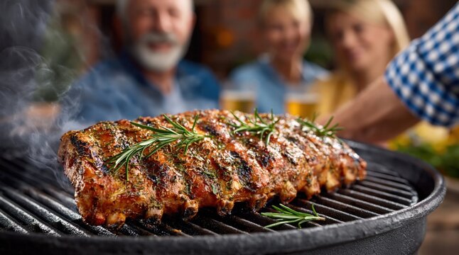 Delicious rack of ribs grilling on a barbecue with rosemary and smoke rising