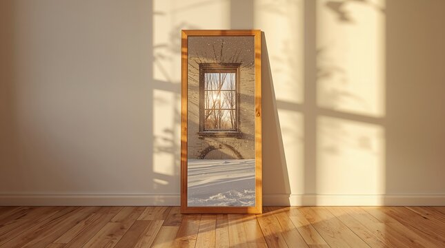 Surreal mirror reflection showing winter scene in warm interior room with wooden frame and sunlight shadows