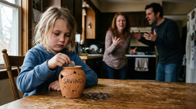 Symbolic child placing coins into cracked savings jar with arguing adults in background