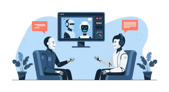 Humanoid robots conducting a digital podcast interview in a studio setting, featuring a flat vector design with a monitor showing robotic avatars and speech bubble icons.
