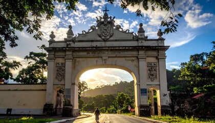 Fototapeta premium Ornate archway leading to sunlit hills with a lone figure walking