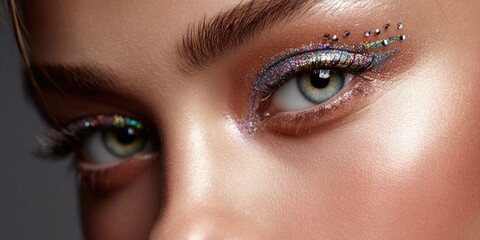 Fototapeta premium Close-up of a woman's eye with vibrant glitter makeup and subtle rhinestones