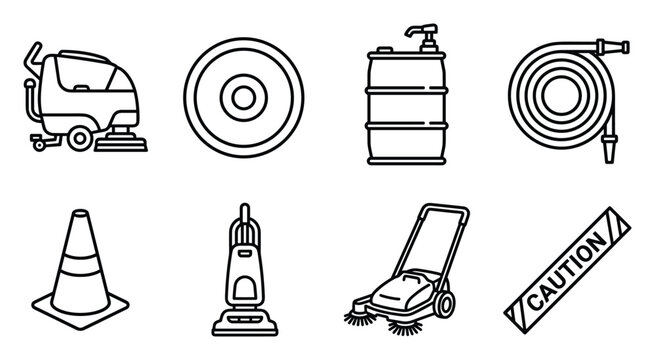 Various cleaning machines and safety equipment icons on white background vector illustration.