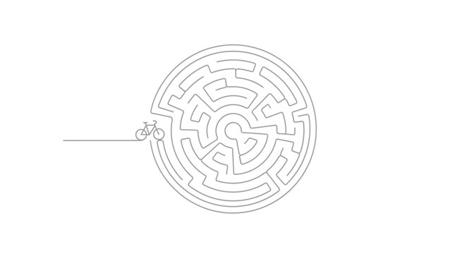 Bicycle entering a circular maze, concept of challenge and problem-solving