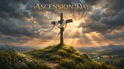Christian cross with ascension day text on hilltop at sunset, cross on hill