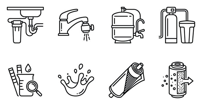 Water filter system icons with faucet purifier pitcher filter cartridge and test beaker.