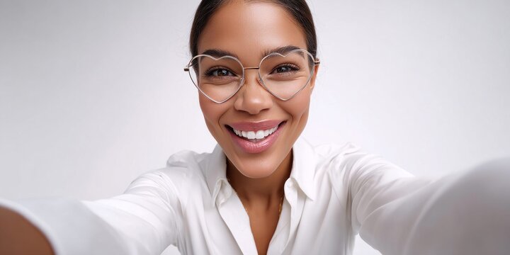 Smiling woman with heart-shaped glasses takes a selfie, showing off her bright white teeth