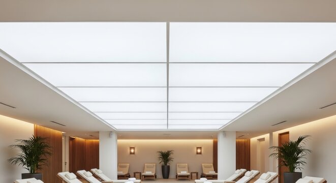 Opaque white glass ceiling creating a soft diffuse light in a modern spa interior with lounge chairs