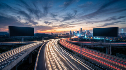 Fototapeta premium A vibrant cityscape at dusk with illuminated highways showing light trails from fast-moving vehicles leading toward a modern skyline under a dramatic cloudy sky.