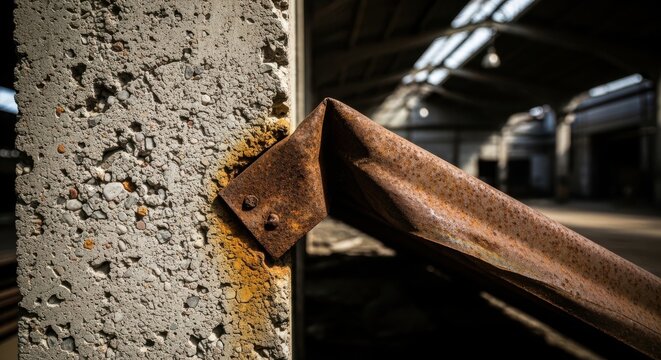 Rough concrete wall meets heavily rusted metal bracket with industrial interior background