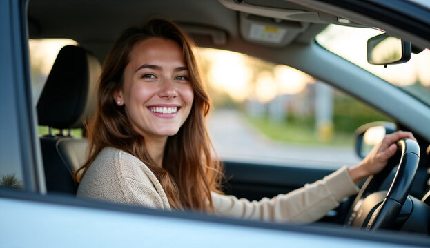 Smiling young woman sits in the driver seat of a car.