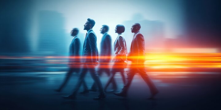 Diverse group of business professionals walking forward with motion blur and bright light streaks