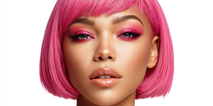 Vibrant hot pink bob wig with bangs and striking makeup on a woman