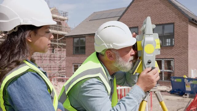 Workers on construction site use tools to measure and plan building layout during daylight hours in a busy area