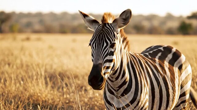 Zebra Standing in African Savanna Grassland with Warm Golden Light