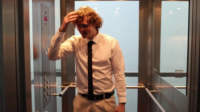 Office worker smiles with relief in the elevator capturing pure joy confidence emotional release and the bright feeling of success after a long productive day