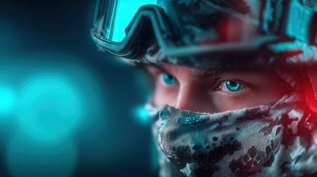 Close-up of a soldier's intense blue eyes behind tactical goggles and camouflage mask