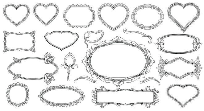 Elegant collection of vintage decorative frames and ornamental borders in various shapes for formal invitations or certificates.