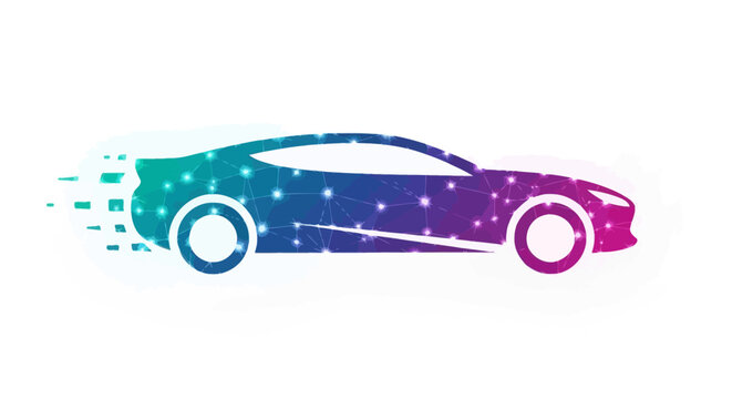 Abstract fast digital car silhouette with glowing network polygon design