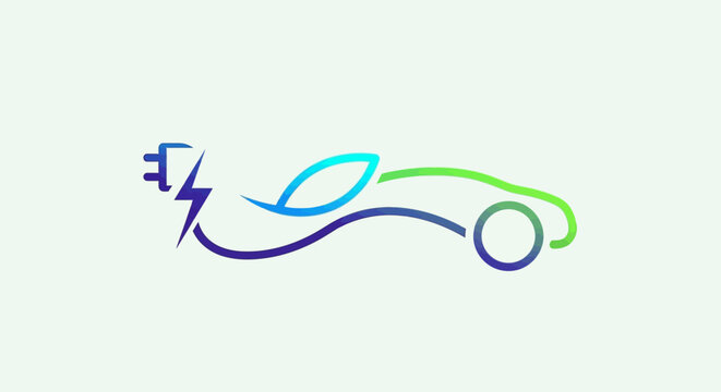 Abstract electric vehicle logo with charging plug and leaf