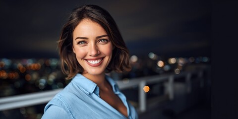 Naklejka premium Smiling woman in her 40s on a rooftop overlooking city lights at night