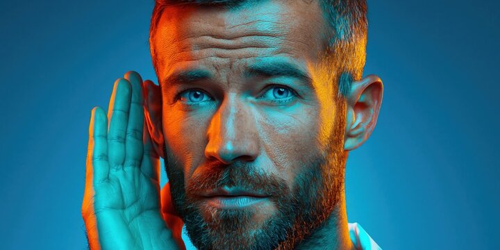 Man cupping hand to ear, listening intently with blue and orange lighting