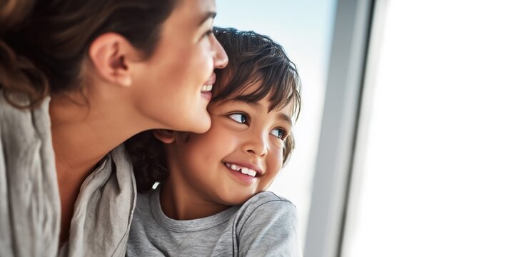 Mother whispering a secret to her happy child, close-up portrait