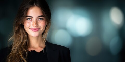 Obraz premium Young woman with freckles and blue eyes smiling confidently in a professional setting
