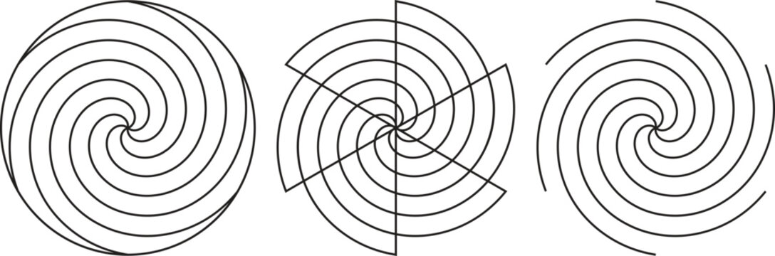 Spiral swirl set, dynamic vortex and rotating spiral lines, abstract geometric pattern isolated on transparent background PNG