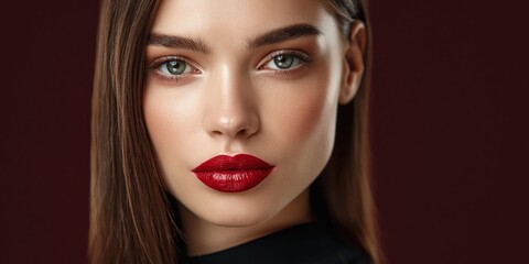 Fototapeta premium Beautiful young woman with striking red lips and green eyes, looking directly at the camera