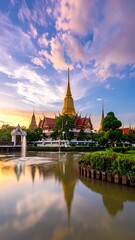 Fototapeta premium Golden temple by serene lake at sunset