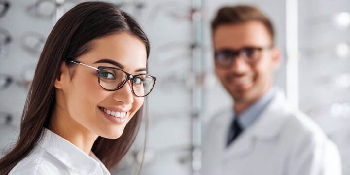 Young woman with glasses smiling in an optical shop, optician in background