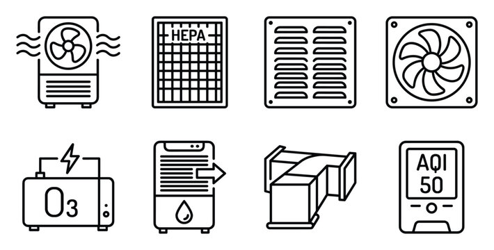 Air purification icons, fan, hepa filter, ozone, humidifier, air duct, air quality monitor.