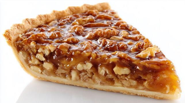 Single slice of caramel walnut pie isolated on white background